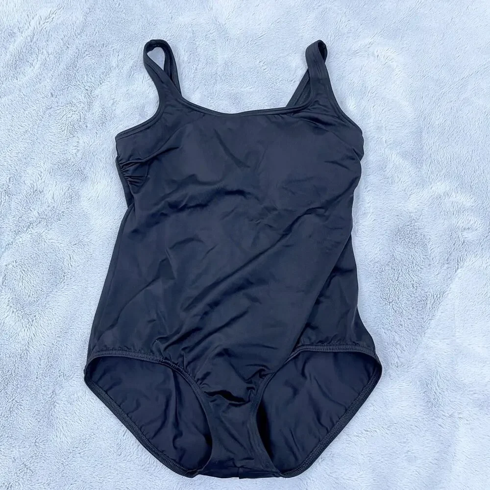 Lands End Scoop Neck Tugless One Piece Swimsuit Black Padded Soft Bra Womens 8